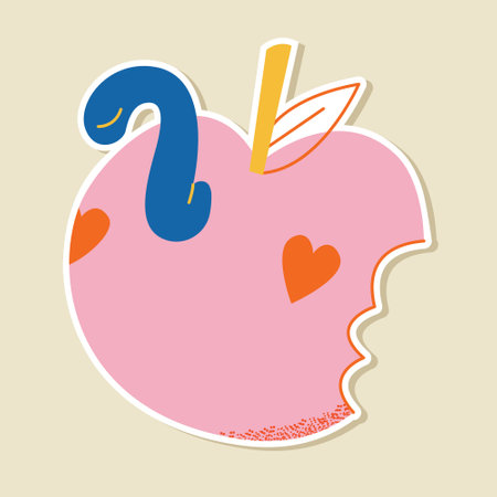 Cute kawaii pink apple sticker on a beige background. Kid graphic.Vector Illustration.のイラスト素材