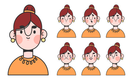Cute woman cartoon character for animation emotions. Young woman face construction. Avatar with different expressions. Cartoon female personage, Vector illustrationのイラスト素材
