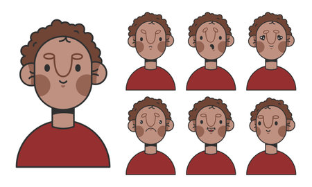 Cool boy cartoon character for animation emotions. Young man face construction. Avatar with different expressions. Cartoon male personage, Vector illustrationのイラスト素材
