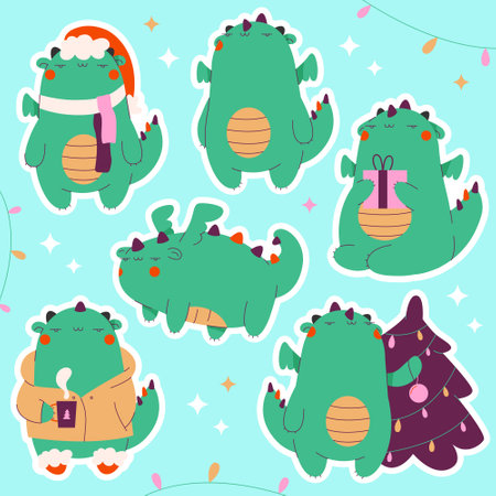 Christmas,New Year stickers set with a cute dragonのイラスト素材