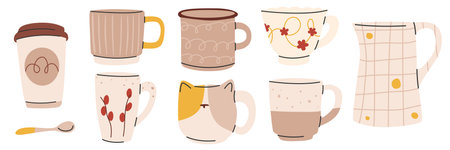 Collection of various modern cups.Beige tablewareのイラスト素材