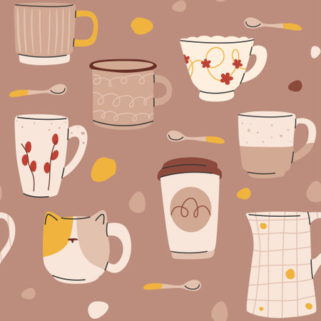 Pattern with various modern cups.Beige tablewareのイラスト素材