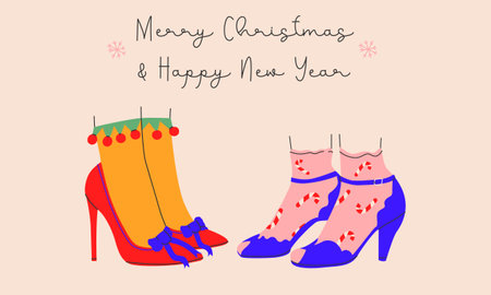 Merry Christmas and Happy New Year card with costume shoes and bright socks in a trendy style.isolated.Vectorのイラスト素材