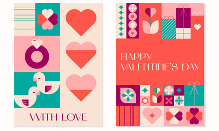 Happy Valentines day geometric abstract greeting card, poster set.Mosaic background bauhaus styleのイラスト素材