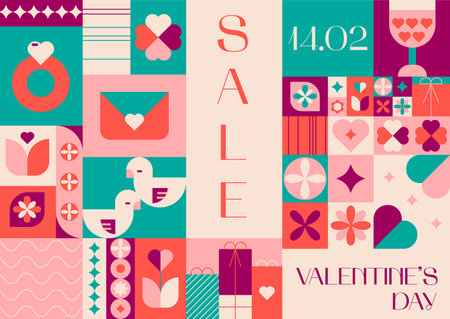 Happy Valentines day Sale geometric abstract pattern for wrapping, greeting card, poster and social media. Mosaic back in a trendy styleのイラスト素材