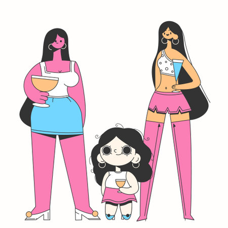 Happy diverse young women with glasses have fun together.Multiracial abstract girls different height and weighr.Body positivity,equality conceptのイラスト素材