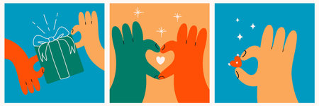 Set posters,cards of love,romantic,Valentines day concept.Hands holding gift box,cupid heart with wings,heart shaped two arms.Vector eps10のイラスト素材