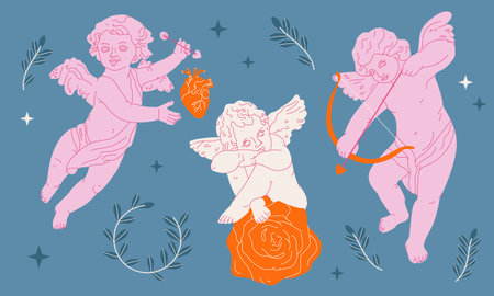 Various flying angels with abstract heart, arrows,bow,rose collection.Cupids or cherubs, wreath,hearts.Template for card,poster,banner,printのイラスト素材