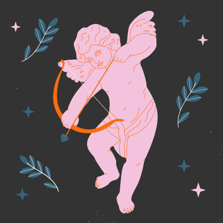 Pink cupid or cherub with bow and arrow isolated on black.Valentines Day, wedding,romantic holiday concept.Ideal for logo,icon,print template for cards,14 february holiday saleのイラスト素材