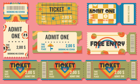 Funny movie cinema tickets. Admit one coupon vector templates in a retro groove style.Paper ticket stubs, cinema festival event admission and entrance pass set with flowers,hearts and rainbow.Vectorのイラスト素材