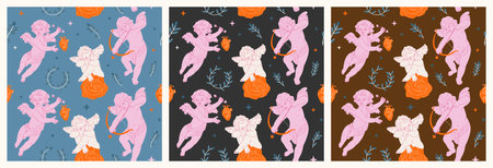 Cute seamless pattern with cupid shoots a bow,hearts,rose.Love symbol. Design for banner, poster or print.Square seamless pattern collectionのイラスト素材