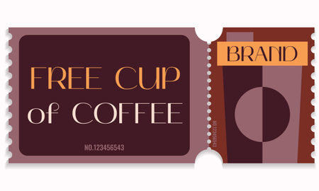 Free coffee cup voucher template.Gift voucher coupon coffee cafe.Hot beverage for free.Promotion,happy hour,opening concept with date,time and place.Vector illustration EPS 10のイラスト素材