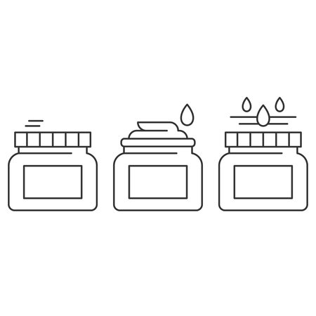 Cosmetic cream icon set.Dermatology, facial, lotion, balm beauty sign.Closed, open with cream drop and moisturizing symbol.Simple instructions for using.Editable Stroke. Vector illustration EPS 10.のイラスト素材