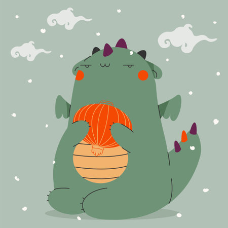 Cute dragon cartoon character design for Chinese new year 2024, year of the dragon.Little funny dragon with red lantern celebrates the lantern festival.Zodiac ckawaii character.Vector illustrationのイラスト素材