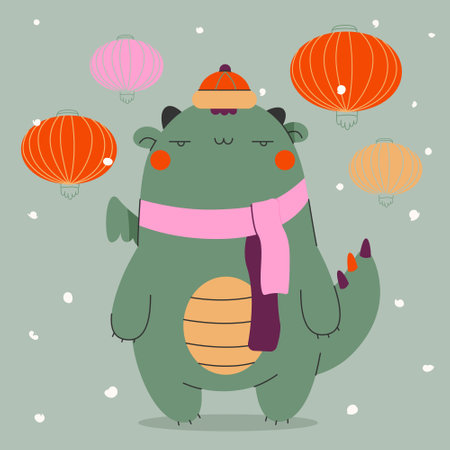 Cute dragon cartoon character design for Chinese new year 2024, year of the dragon.Little funny dragon celebrating the lantern festival.Zodiac ckawaii character.Vector illustration eps10のイラスト素材