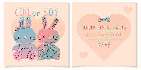 Gender Reveal banners girl or boy.iIvitation cards for baby and kids new born celebration,rsvp.Little rabbit bunny toys gradient color blue and pink. Vector illustrationのイラスト素材