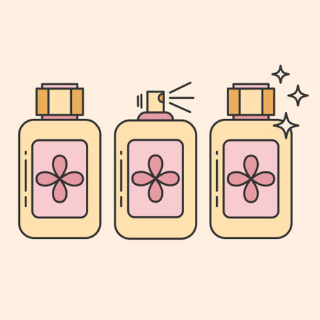 Set of perfume thin line icons.Eau de toilette. Perfume spray container isolated on beige background.Editable Stroke. Vector illustration EPS 10.のイラスト素材