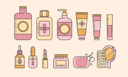 Skin,body,hair care line icons set.Makeup illustration sign collection.Various different cosmetic products. Packaging in different shapes for skincare products. Editable Stroke. Vector illustrationのイラスト素材