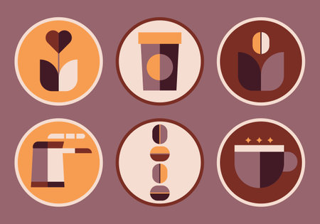 Coffee geometric stickers in minimal retro style.Coffe shop emblems pack.Ideal for coffee shop,bakery,branding,decoration,cover design, decorative print, background.Vector illustration EPS 10.のイラスト素材