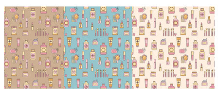 Seamless pattern set of makeup beauty cosmetic elements, mascara, cream bottle, nail product, brush and ect. Make-up element illustration for wallpaper, background, textile. Vector illustration EPS 10.のイラスト素材