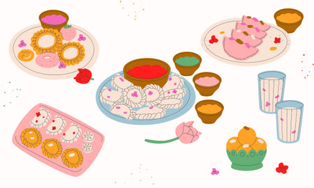 Vector set of traditional Indian sweets.Indian holiday desserts with nuts and flowers. Concept of the Indian festival Holi, Diwali ect. Template for print, menu, congratulations.Vector illustration EPS 10.のイラスト素材