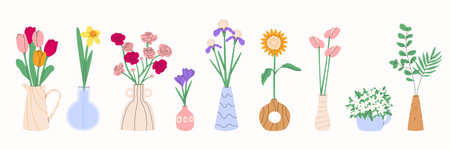 Flower bouquet in vase.Spring and summer flowers, plants for decoration, blooming herbs isolated on white background.Decor abstract ceramic pots. Vector illustration EPS 10.のイラスト素材