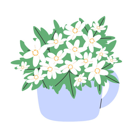 Bouquet of snowdrops in a mug vase. Stylish hand-drawn spring March flowers.For design, decoration and printing. Vector illustration EPS10.のイラスト素材