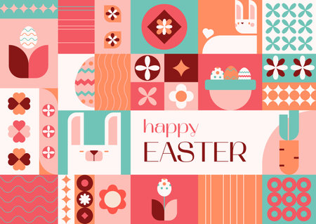 Easter geometric square bright flat banner. Easter eggs,rabbits,basket,eggs hunt.Perfect for a poster, cover, or postcard.Vector illustration EPS 10.のイラスト素材