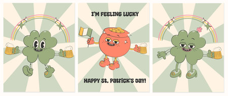 St.Patricks Day cards,flyer set.Pot with gold and flag,four-leaf clover boy and girl with rainbow,beer,other holiday symbols.Funky 00s Y2k retro aesthetic.Patrick concept.Vector illustration EPS 10のイラスト素材