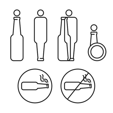 Toilet line icon set.Funny WC sign or bars,beer restaurants,cafes,pubs.Restroom for male,female,transgender,disabled person.Smoking and non smoking area signs.Vector illustration editable stroke EPS10.のイラスト素材