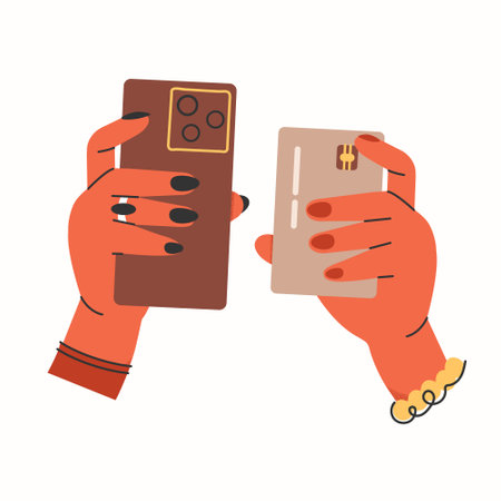 Contactless cashless payment with credit card,mobile phone app.Two girls pay using contactless payment.Hands paying with POS terminals and NFC technology.Vector illustration EPS 10のイラスト素材