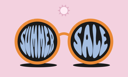 Summer sale banner template. Retro background with sunglasses.Vector illustration in minimalistic vintage style for posters, cover art,promotion flyer, promo banner.のイラスト素材
