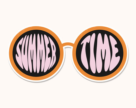 Summer time sticker template. Retro style summer badge with sunglasses.Vector illustration in minimalistic vintage style for print.のイラスト素材