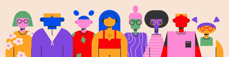 Diverse people illustration. Diverse group of people.Set of abstract trendy characters. Teamwork, togetherness, friendship concept.Vector EPS 10 editable stroke.のイラスト素材