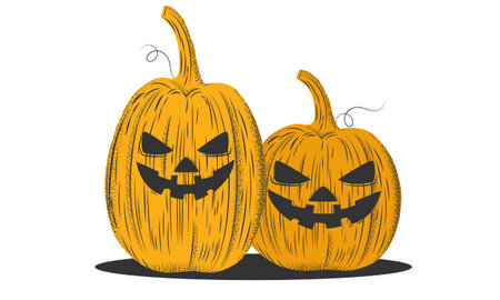 Ink sketch of pumpkin halloween isolated on white background.Pumpkins with angry face in engraving style.Jack-o-lantern vintage retro woodcut etching style.Vector illustration EPS 10 editable strokeのイラスト素材