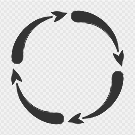 Hand drawn arrows.Ink brush black arrows circle on a transperent background.grunge arrows brush.Hand drawn vector grunge direction pointer.Vector illustration EPS 10のイラスト素材