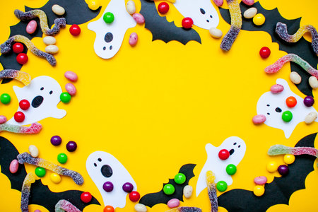 frame made of paper homemade bats and paper ghosts and of multicolored candies and worms from gummy...