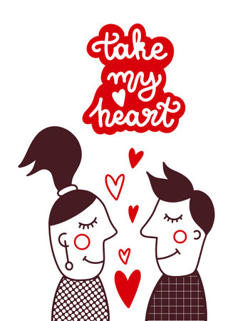 Lovely card for Valentines Day. Couple in love. Take my heart. Vector illustrationのイラスト素材