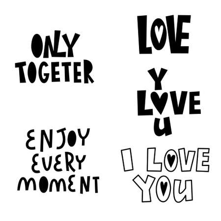 Vector set of lettering about love. Valentines Day. Black and white lettering. Vector illustrationのイラスト素材