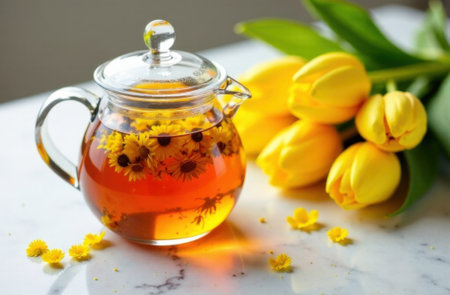 A glass teapot with floral tea and a bouquet of tulips create a cozy composition that emphasizes the warmth and tenderness of International Womens Day. High quality photoの素材