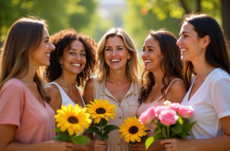 A woman receives a bouquet of flowers from her friends. Emotions of joy and gratitude on her face, creating an atmosphere of celebration and recognition. International Womens Day. The concept of female friendship, solidarity and support. High quality photoの素材