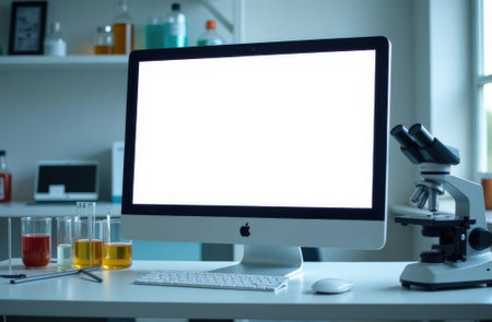 Mockup for medicine. Desktop with computer, where blank screen is ready for inserting laboratory data. Empty space for text. High quality photoの素材