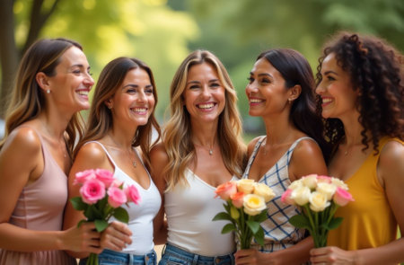 A woman receives a bouquet of flowers from her friends. Emotions of joy and gratitude on her face, creating an atmosphere of celebration and recognition. International Womens Day. The concept of female friendship, solidarity and support. High quality photoの素材