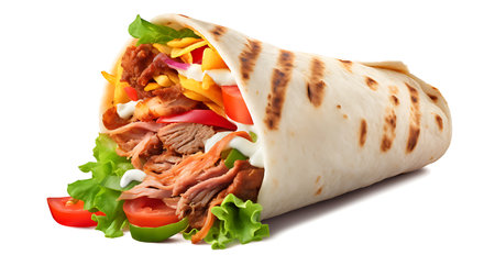 Doner kebab with vegetables and meat isolated on white background Delicious shawarma Generative AIの素材