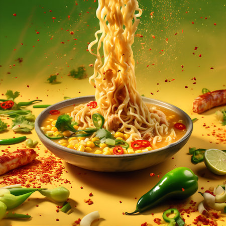 A promotional poster that uses a bold and bright color scheme to showcase a noodle soup, with splashing and falling Asian noodles, that looks simply delicious. Generative AI.の素材