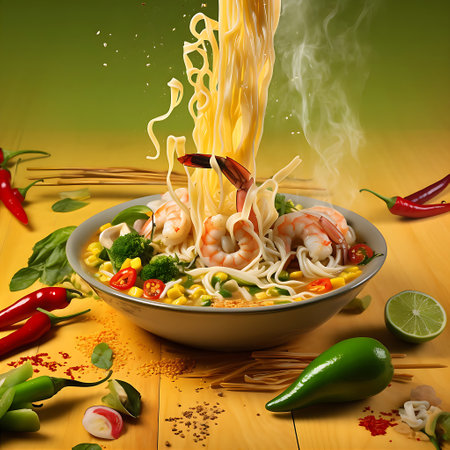A promotional poster that features a vivid and bright noodle soup, with splashing and falling Asian noodles, and will pique the interest of any food lover. Generative AI.の素材