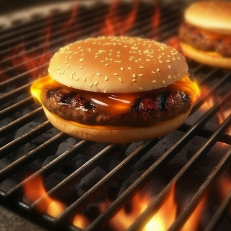 Cheeseburger on a barbecue grill with flames in the background. Generative AI.の素材