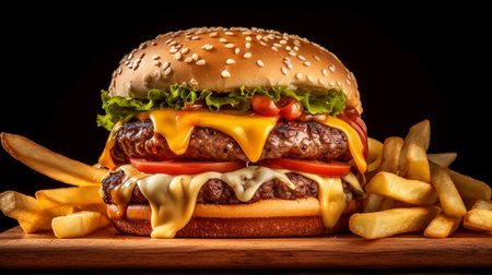 Cheese burger - American cheese burger with Golden French fries on wooden board. Generative AI.の素材