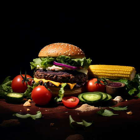 Tasty appetizing hamburger with fresh vegetables on a dark background. Generative AI.の素材