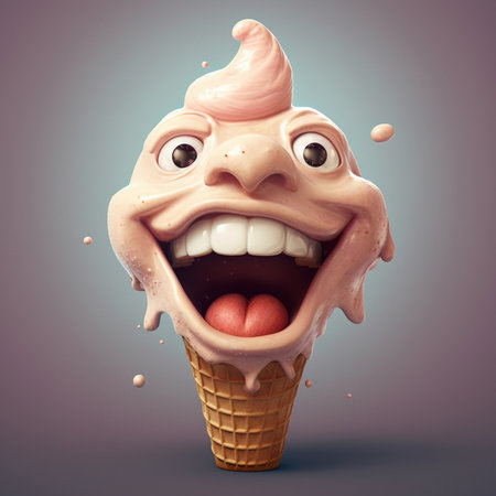 Funny cartoon ice cream cone with funny face. 3d illustration Generative AI.の素材